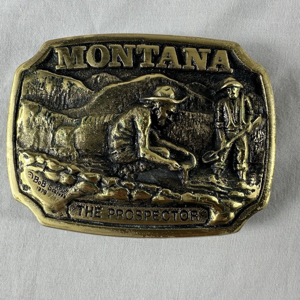 VTG Montana PROSPECTOR BELT  BUCKLE VINTAGE Solid Brass 1979 Bob Scriver